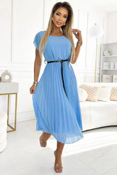 Numoco Cocktail Pleated dress with a round neckline, black belt, and short sleeves  Adomoo